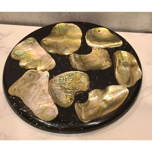 Vintage 8" Round Acrylic Lucite Abalone Sea Shell Footed Trivet Hot Plate | EUC - Picture 2 of 7